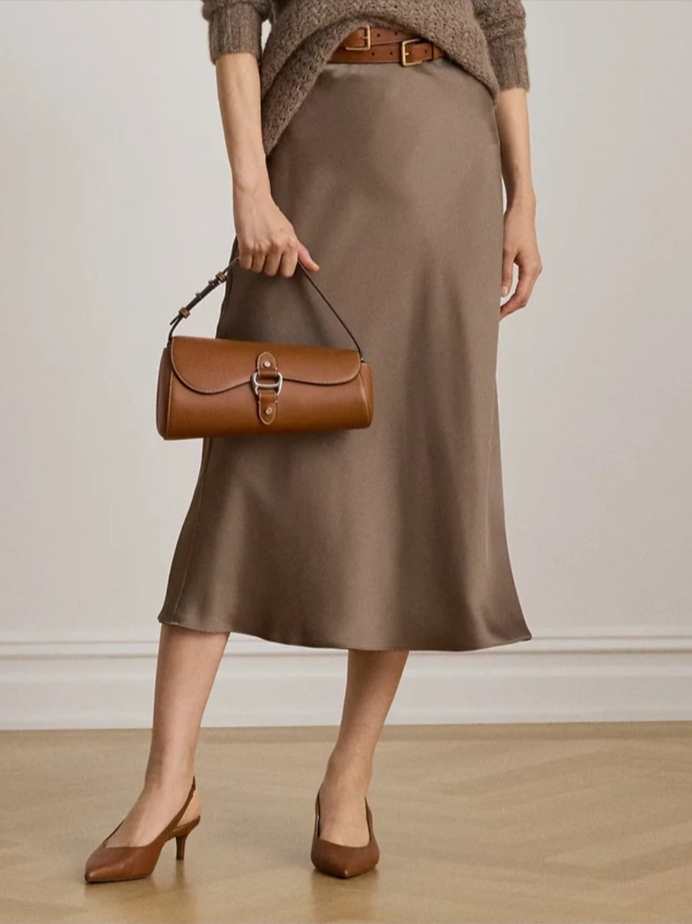 Lauren Ralph Lauren Satin Charmeuse Midi Skirt Taupe